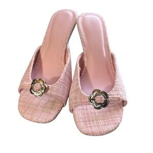 Pink Sparkle Tweed Vibes Slide Sandals Size 7 Preppy Classic